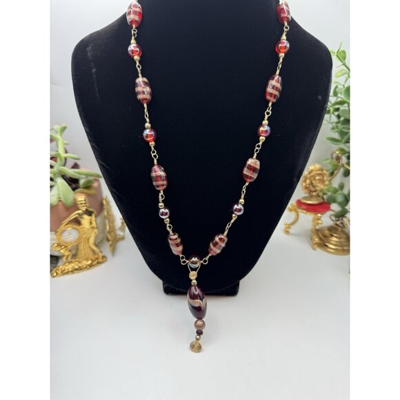 Murano Style Ruby Red Gold Foil Glass Beaded Necklace Venetian Lampwork Pretty - Picture 3 of 8